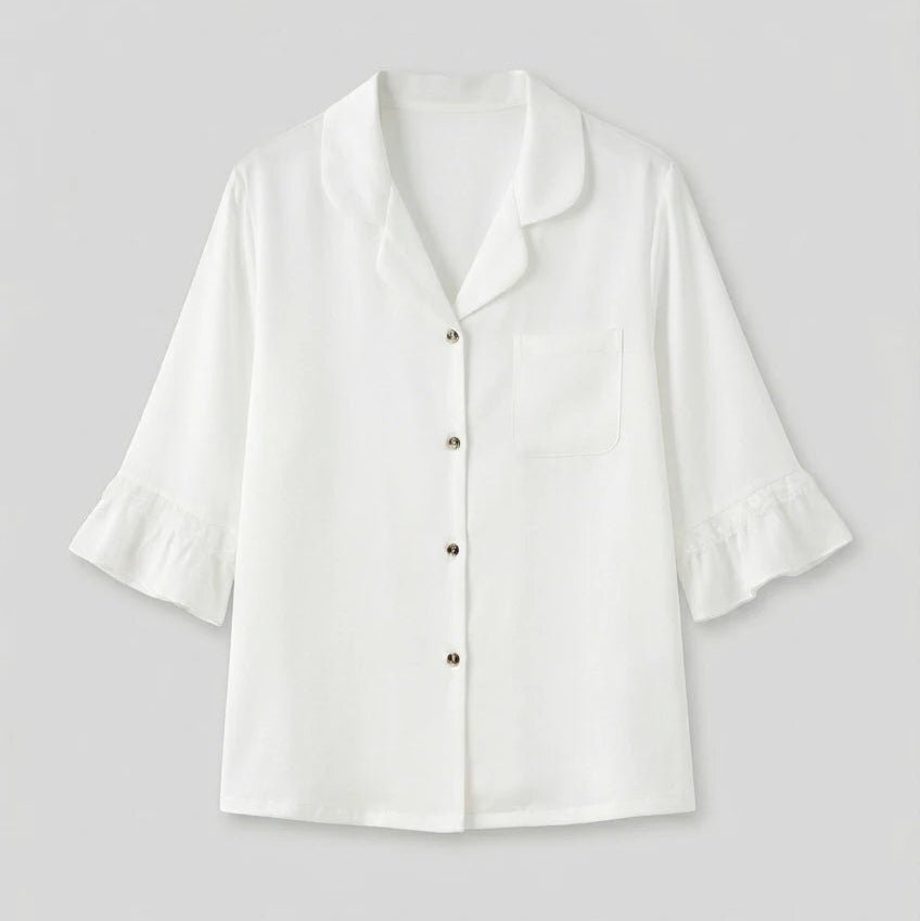 - Ever Lasting - Silky Lace Ruffle Long Sleeves and Pants Pajama Set / White - Pajamas - Ever Lasting