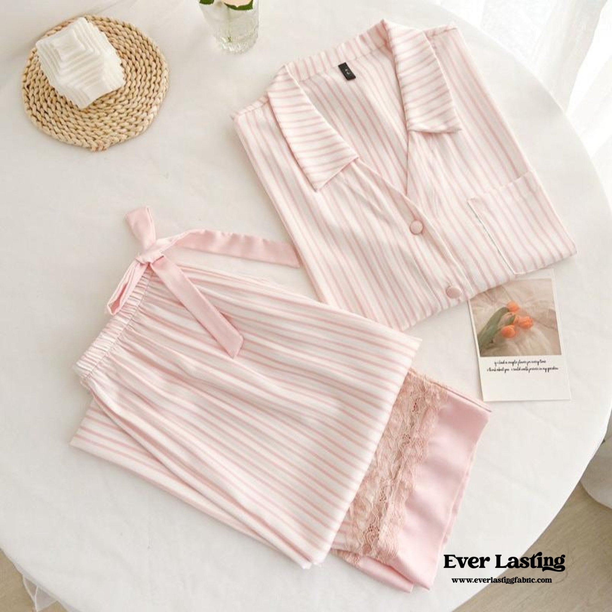 Silky Lace Striped Long Sleeves and Pants Pajama Set / Green - Ever Lasting