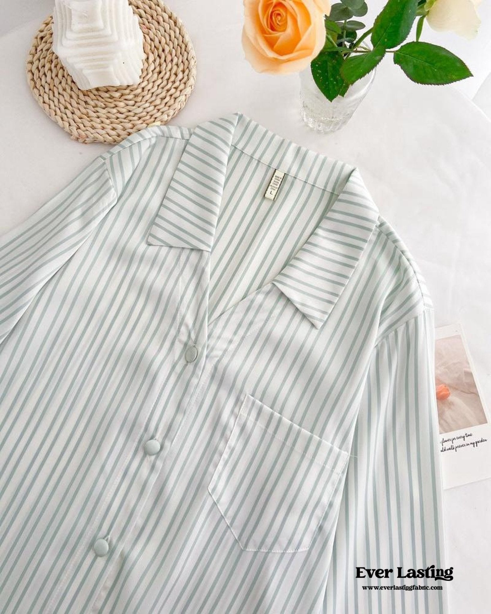 Silky Lace Striped Long Sleeves and Pants Pajama Set / Pink - Ever Lasting