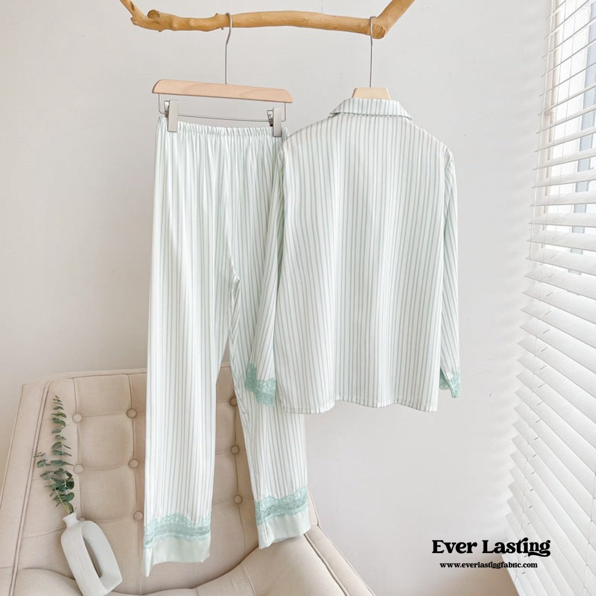 Silky Lace Striped Long Sleeves and Pants Pajama Set / Pink - Ever Lasting