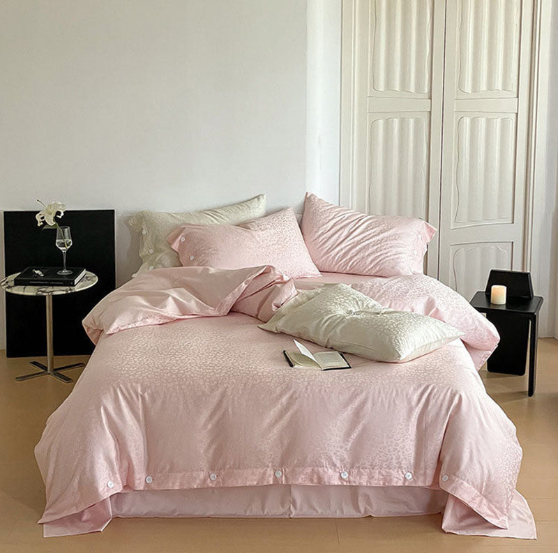 Silky Leopard Buttoned Bedding Set / Baby Pink Small Fitted