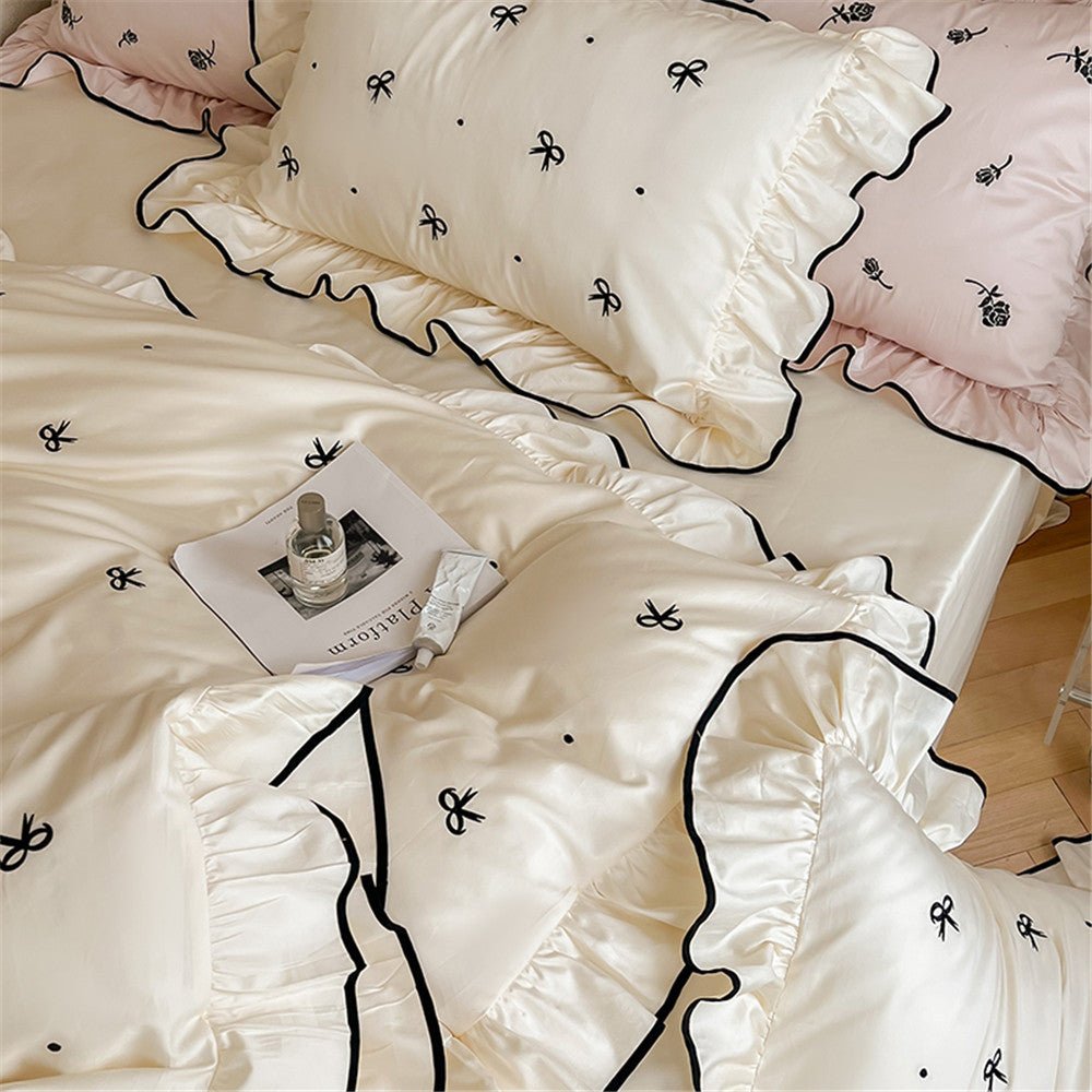  - Ever Lasting - Silky Ribbon Ruffle Bedding Set / Cream White - Bedding Set - Ever Lasting