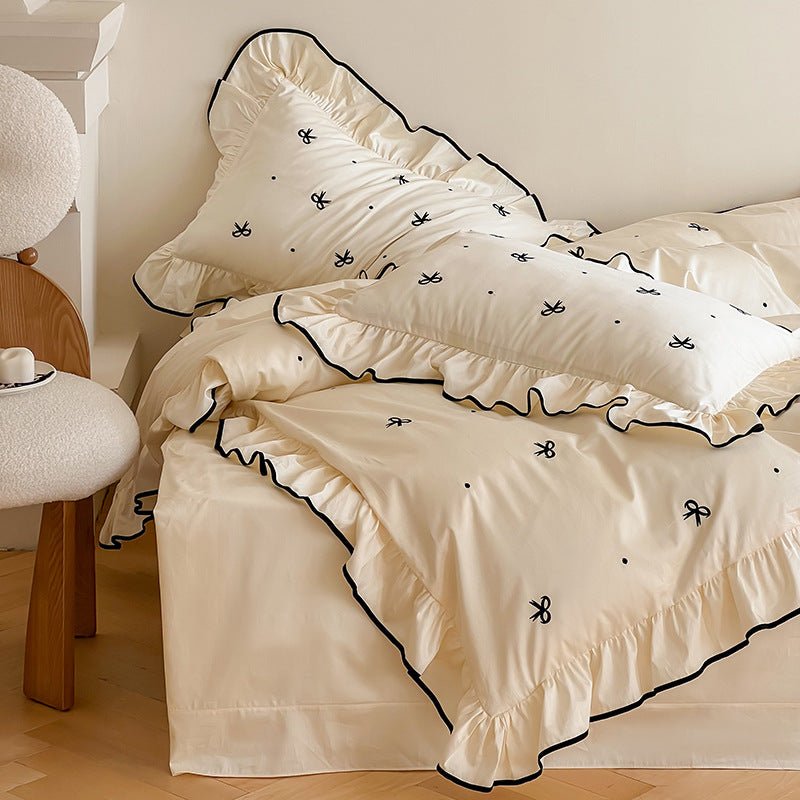 - Ever Lasting - Silky Ribbon Ruffle Bedding Set / Cream White - Bedding Set - Ever Lasting