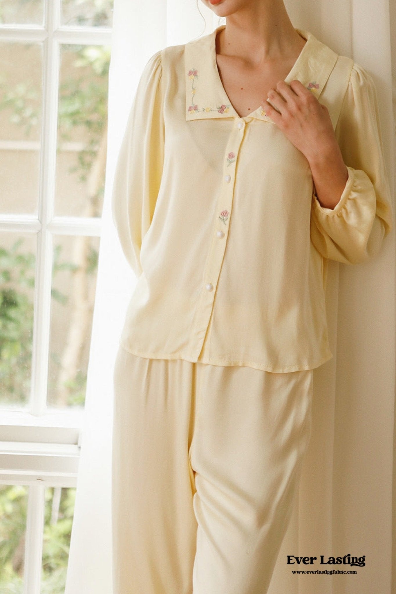 Silky Rose Cream Yellow Embroidered Pajama Set - Ever Lasting