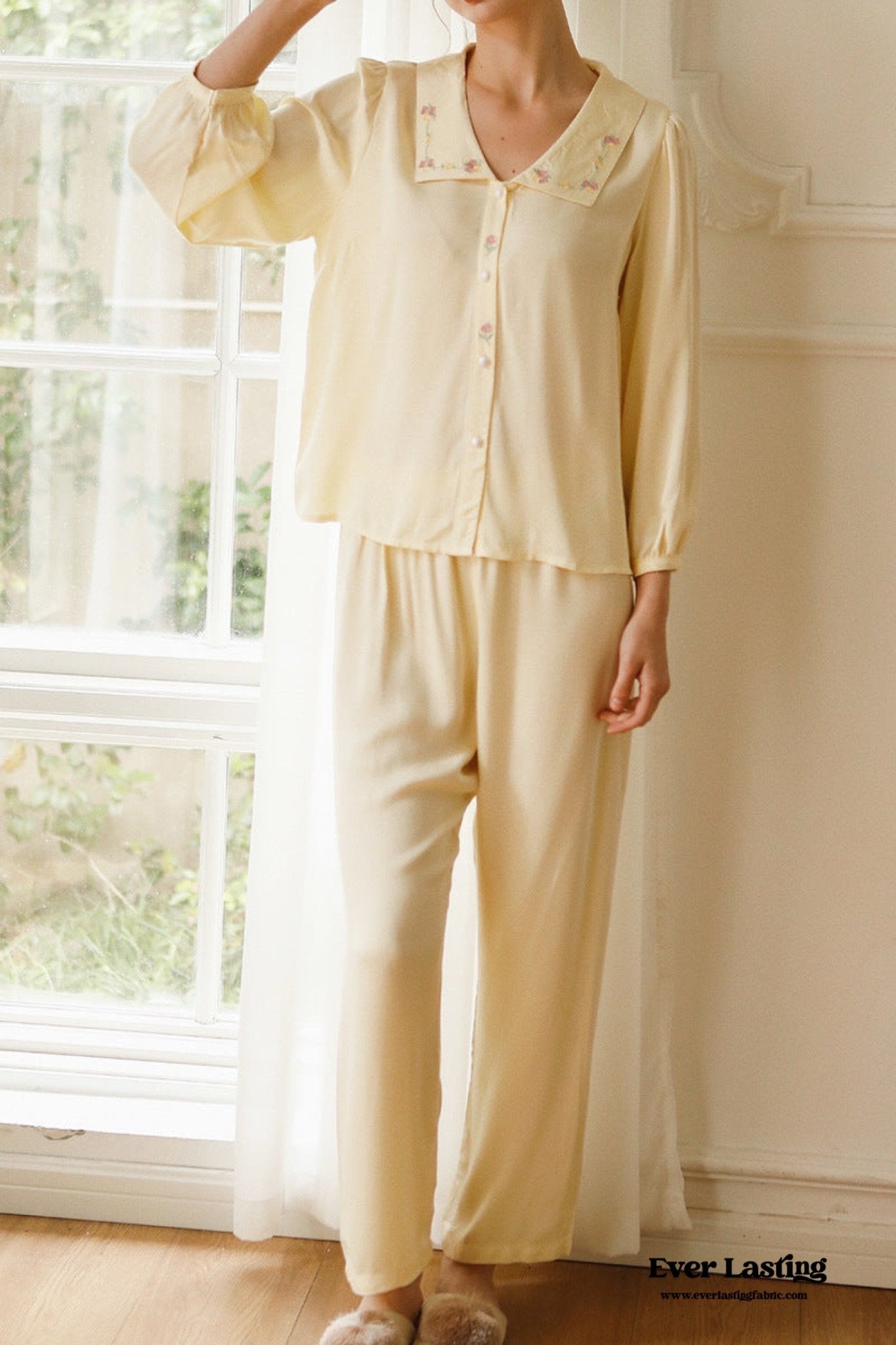 Silky Rose Cream Yellow Embroidered Short Pajama Set - Ever Lasting