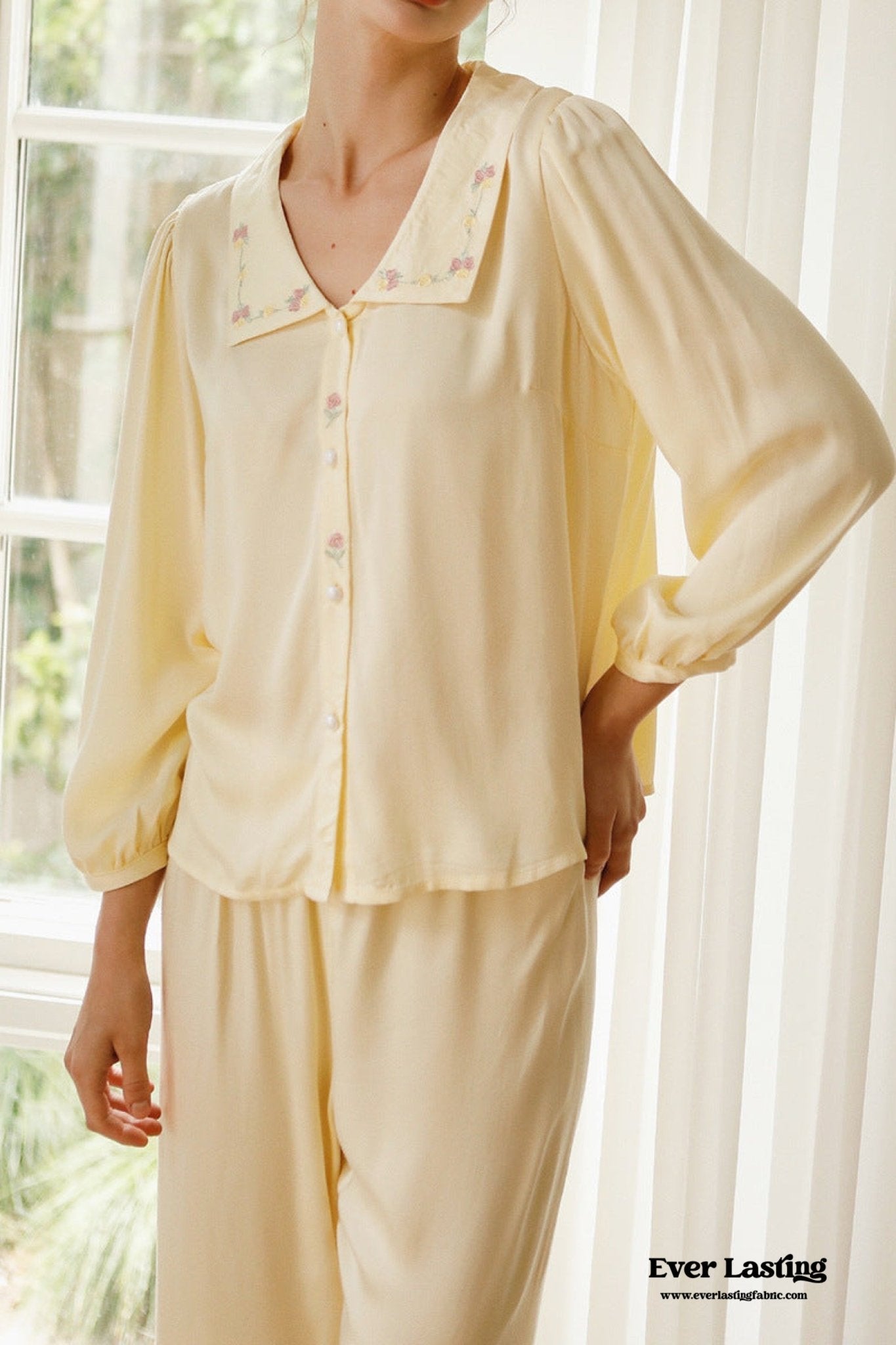 Silky Rose Cream Yellow Embroidered Short Pajama Set - Ever Lasting