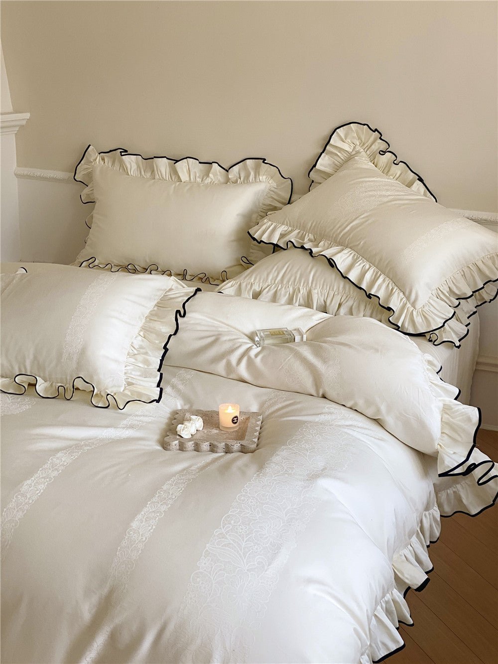  - Ever Lasting - Silky Ruffle Dorm Bedding Set / Ivory White - Bedding Set - Ever Lasting