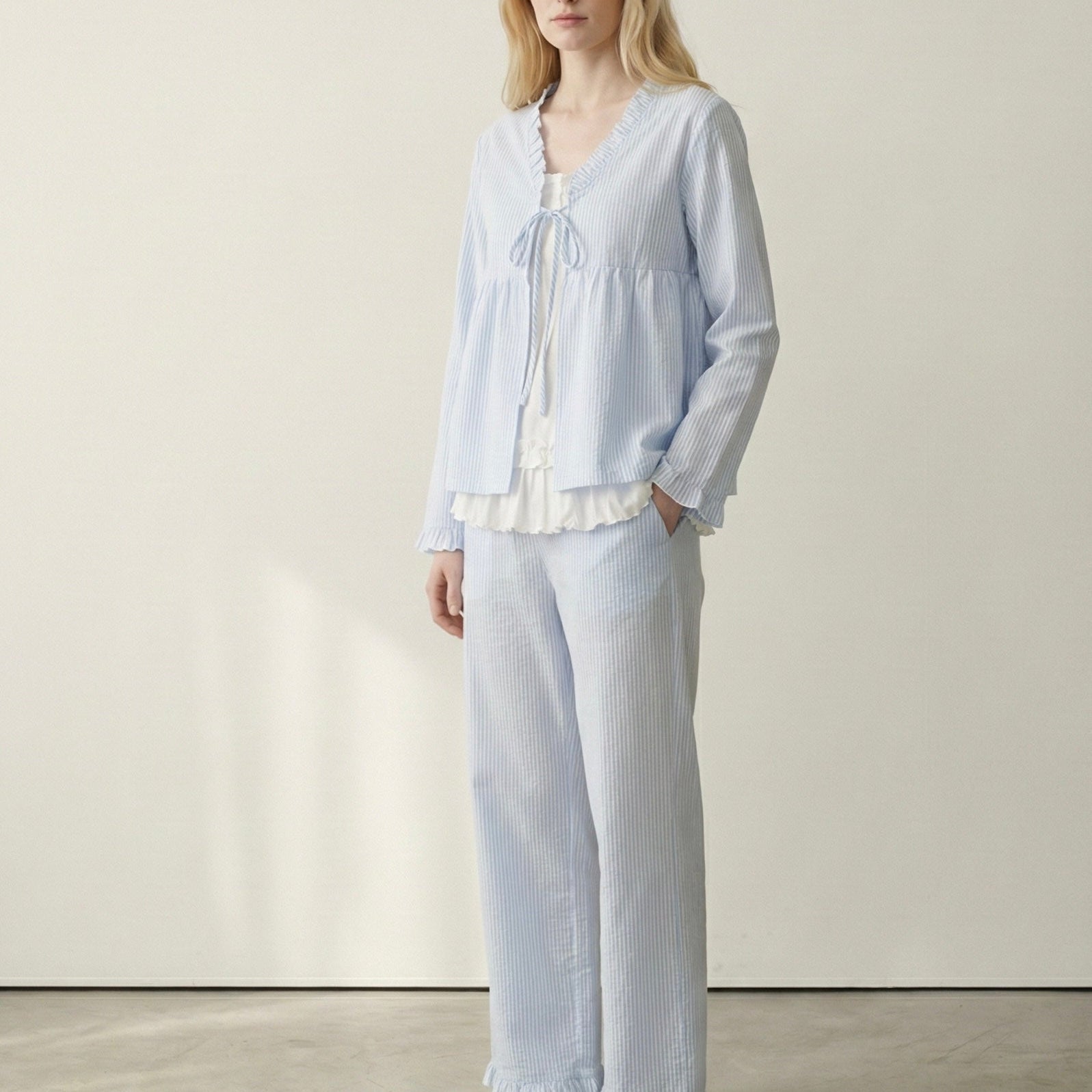  - Ever Lasting - Sloane Long - Sleeve Striped Ruffle Pajama Set / Blue - Pajamas - Ever Lasting