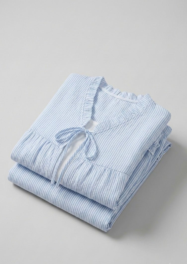  - Ever Lasting - Sloane Long - Sleeve Striped Ruffle Pajama Set / Blue - Pajamas - Ever Lasting