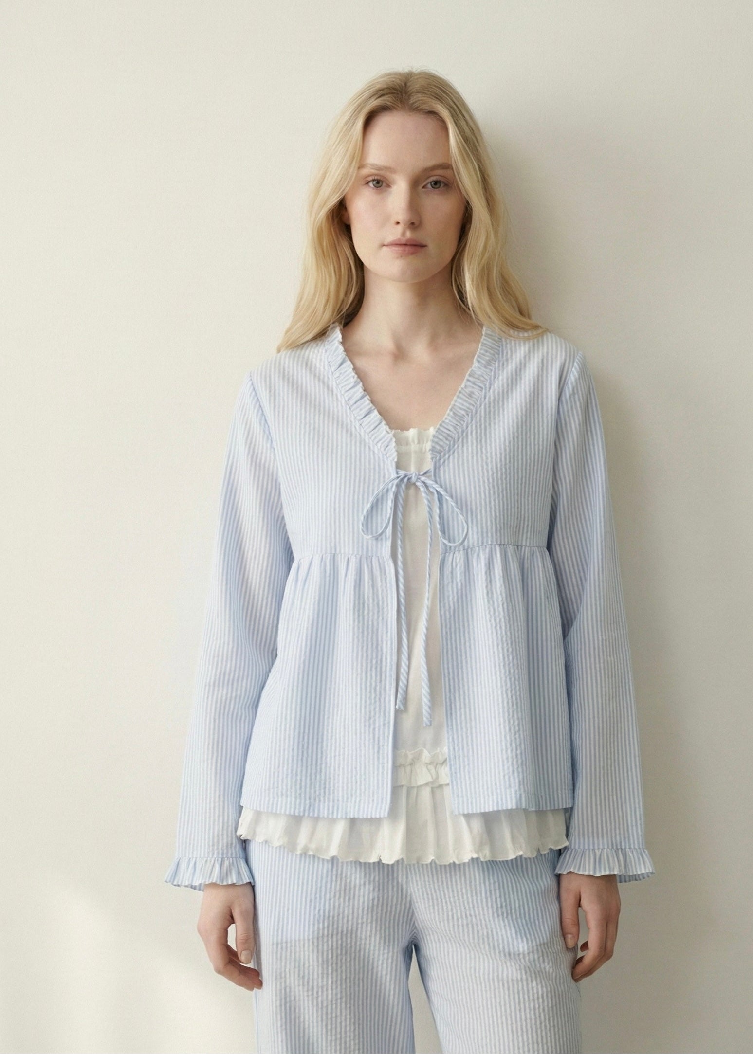  - Ever Lasting - Sloane Long - Sleeve Striped Ruffle Pajama Set / Blue - Pajamas - Ever Lasting