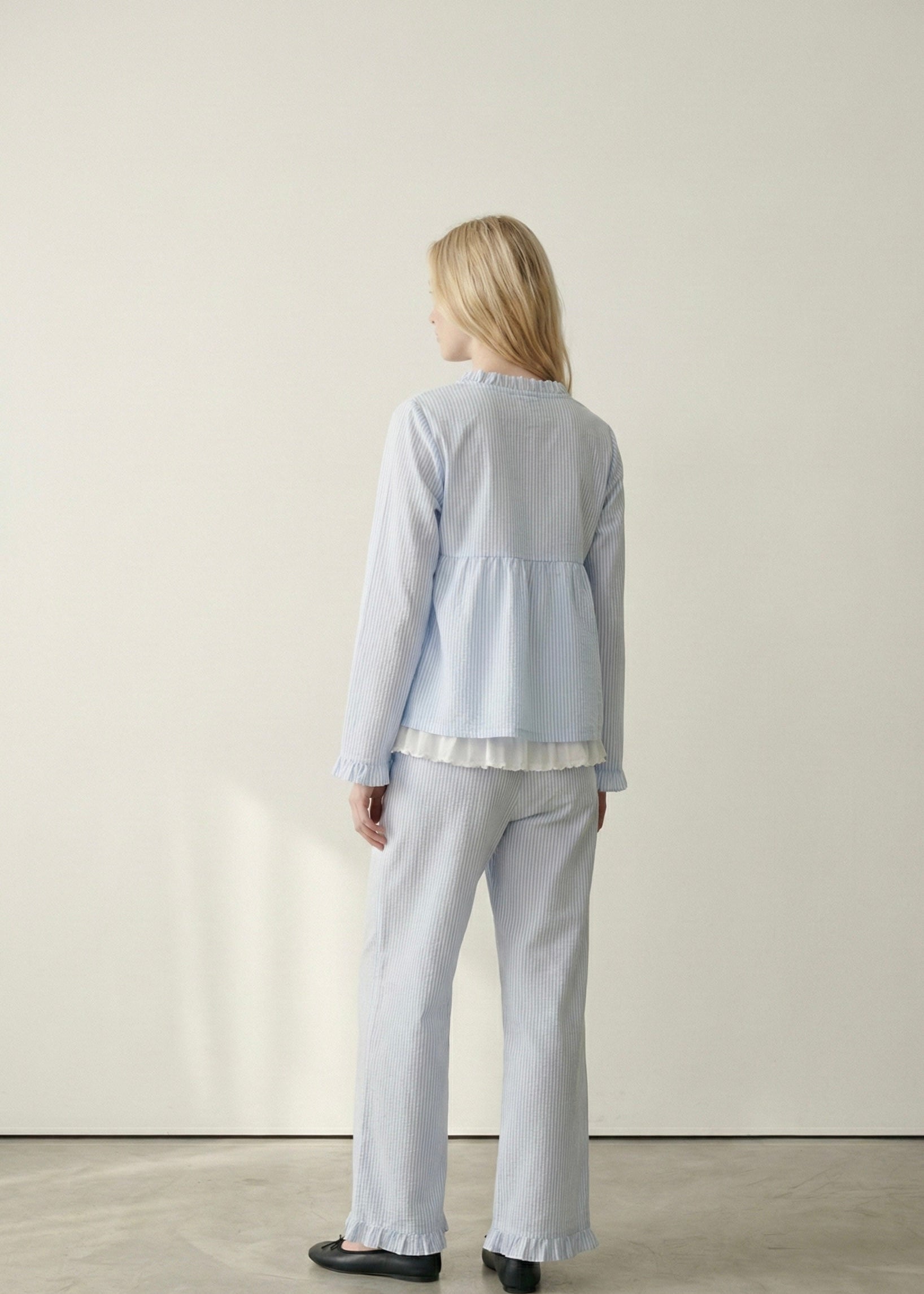  - Ever Lasting - Sloane Long - Sleeve Striped Ruffle Pajama Set / Blue - Pajamas - Ever Lasting