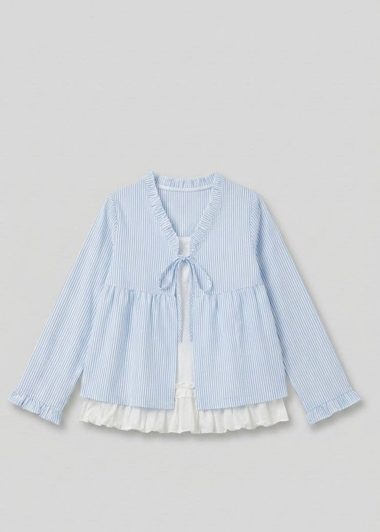 - Ever Lasting - Sloane Long - Sleeve Striped Ruffle Pajama Set / Blue - Pajamas - Ever Lasting