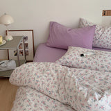 Small Floral Cotton Bedding Bundle Purple + White / Flat