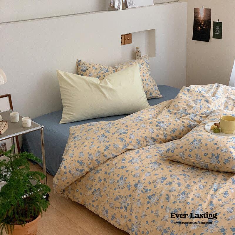 Small Floral Cotton Bedding Set / Orange + Yellow