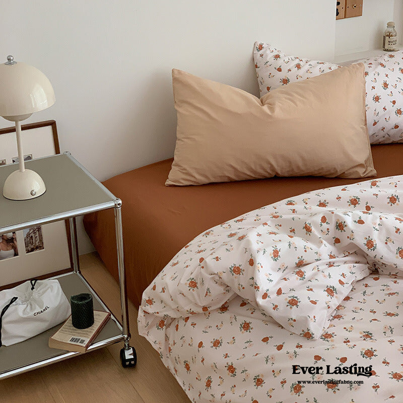 Small Floral Cotton Bedding Set / Orange + Yellow