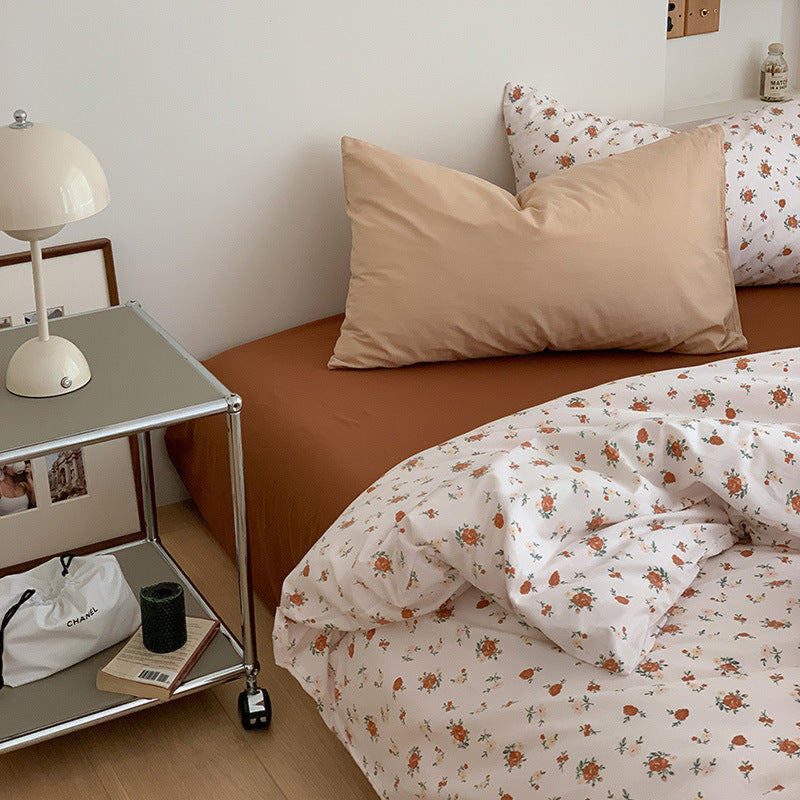 Small Floral Cotton Bedding Set Burnt Orange + White / Flat