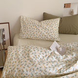 Small Floral Cotton Bedding Set Yellow + Green / Flat