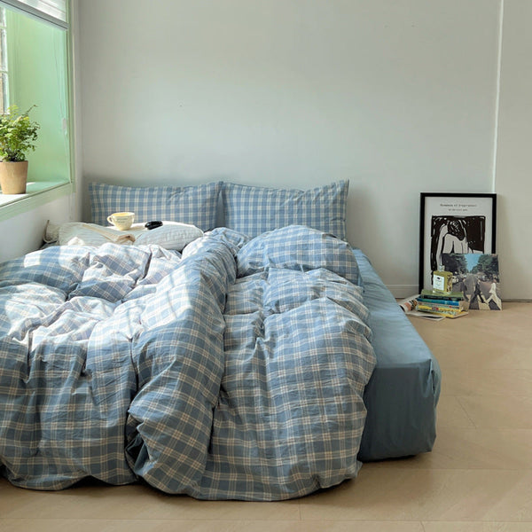 Soft Blend Plaid Bedding Set / Blue Small Fitted