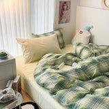 Soft Plaid Bedding Set / Cream Green Yellow Small Fitted