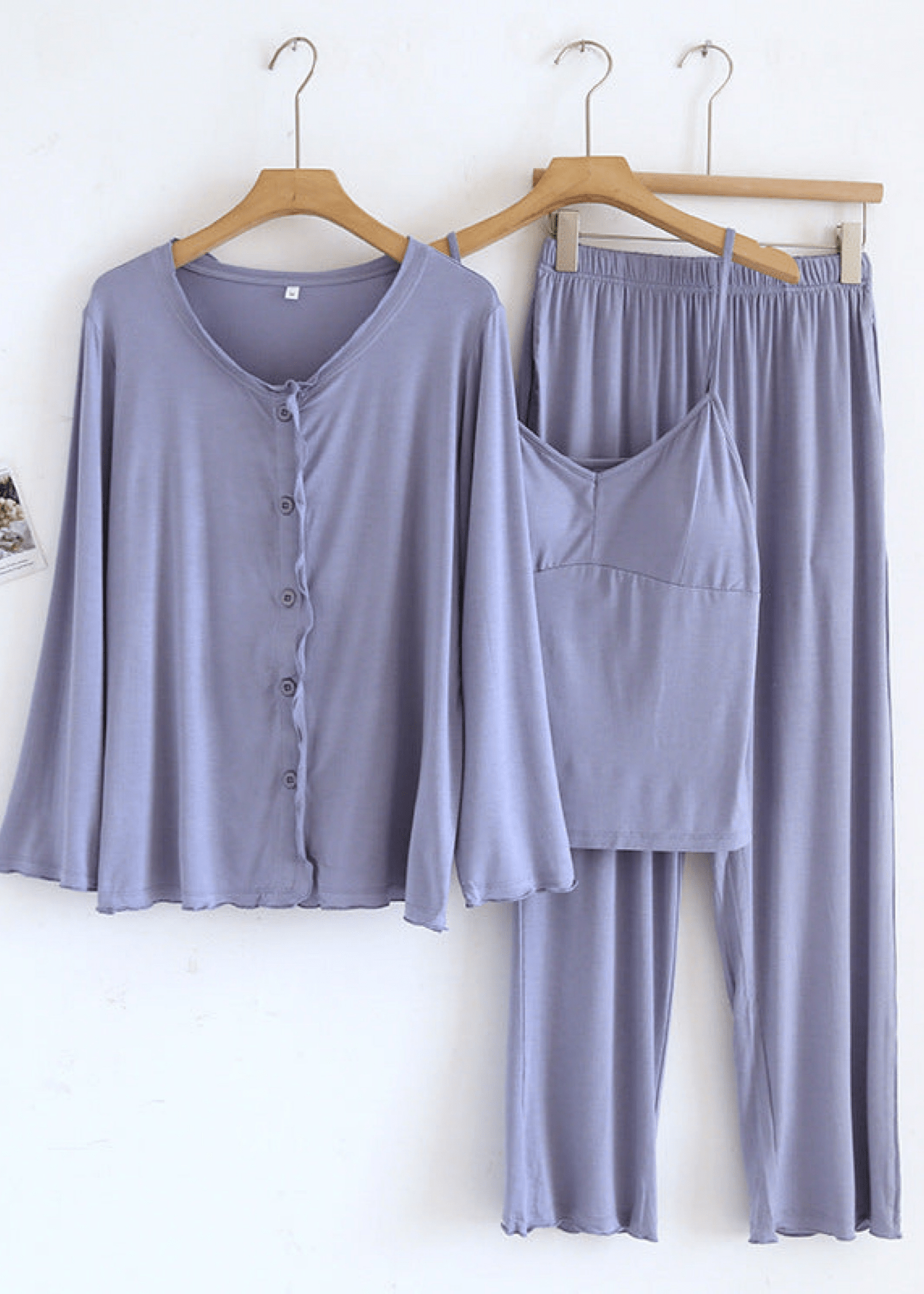 Solid Ruffle V Tank and Long Pants with Cardigan Modal Pajama Set - Ever Lasting