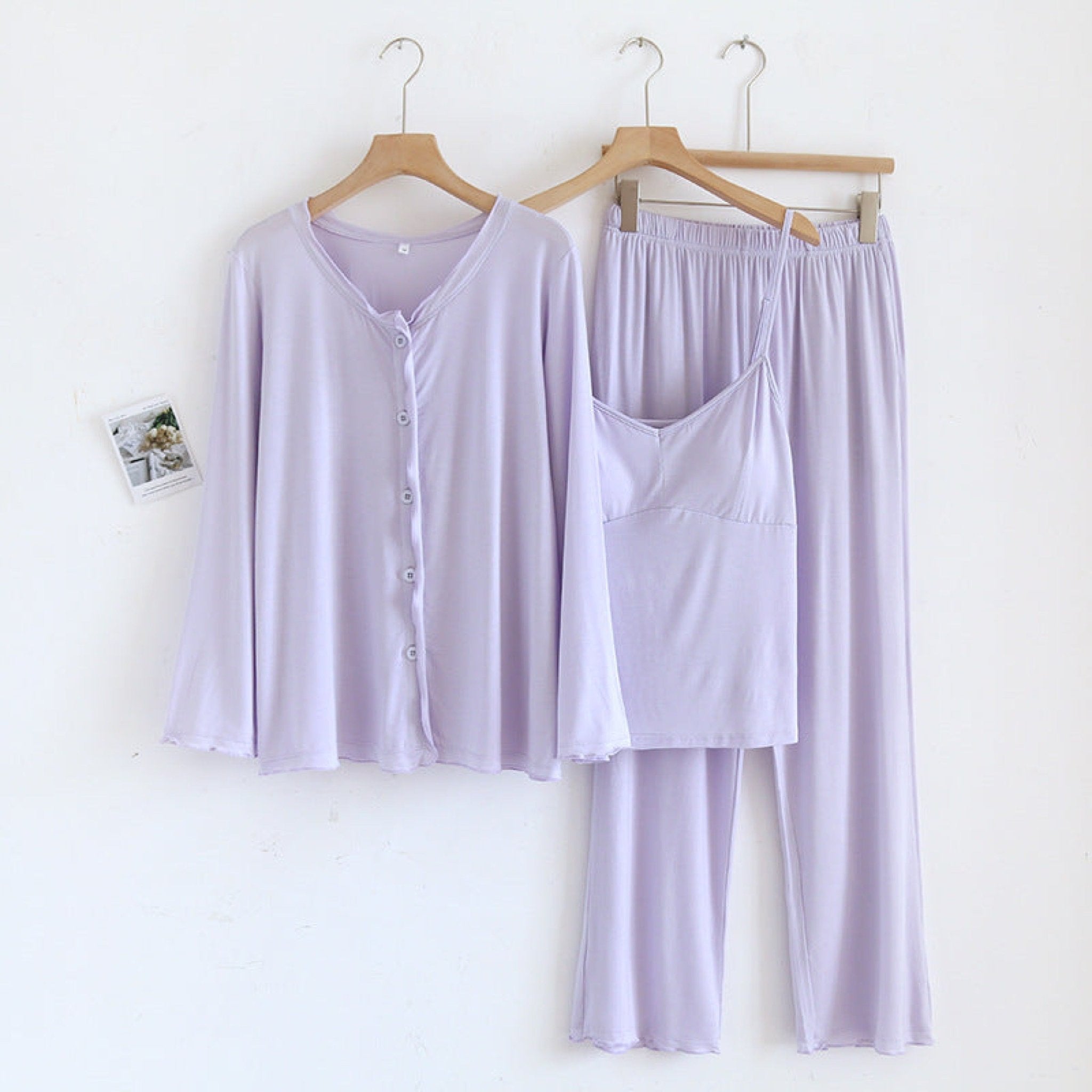 Solid Ruffle V Tank and Long Pants with Cardigan Modal Pajama Set - Ever Lasting