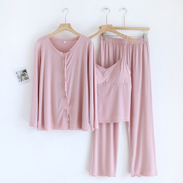 Solid Ruffle V Tank And Long Pants With Cardigan Modal Pajama Set Pink / Small/Medium Pajamas