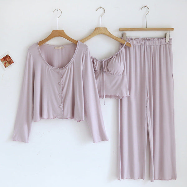 Solid Lace Tank And Long Pants With Cardigan Pajama Set Purple / Medium/Large Pajamas