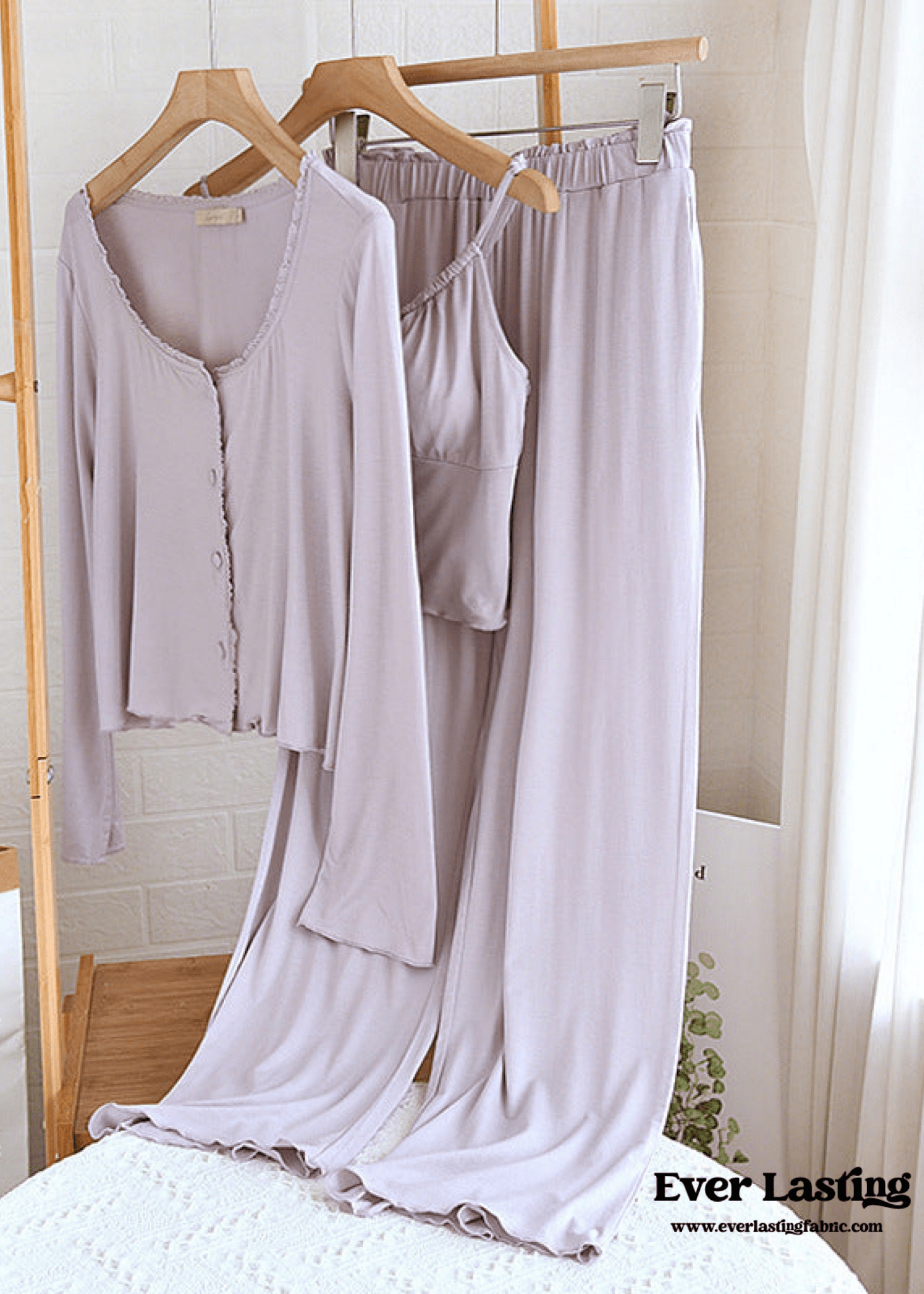 Solid Tank and Long Pants with Cardigan Pajama Set / Purple - Ever Lasting