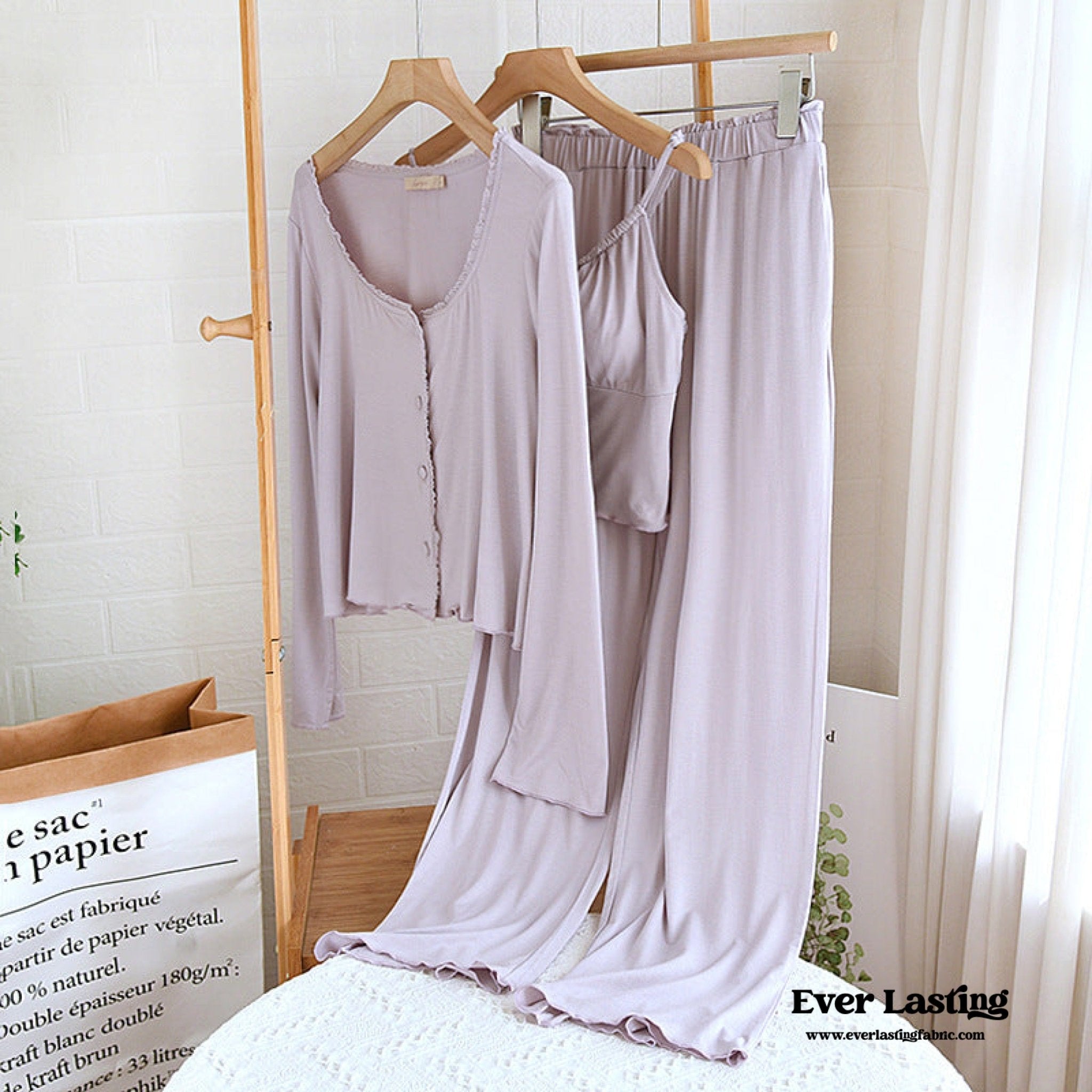 Solid Tank and Long Pants with Cardigan Pajama Set / Purple - Ever Lasting