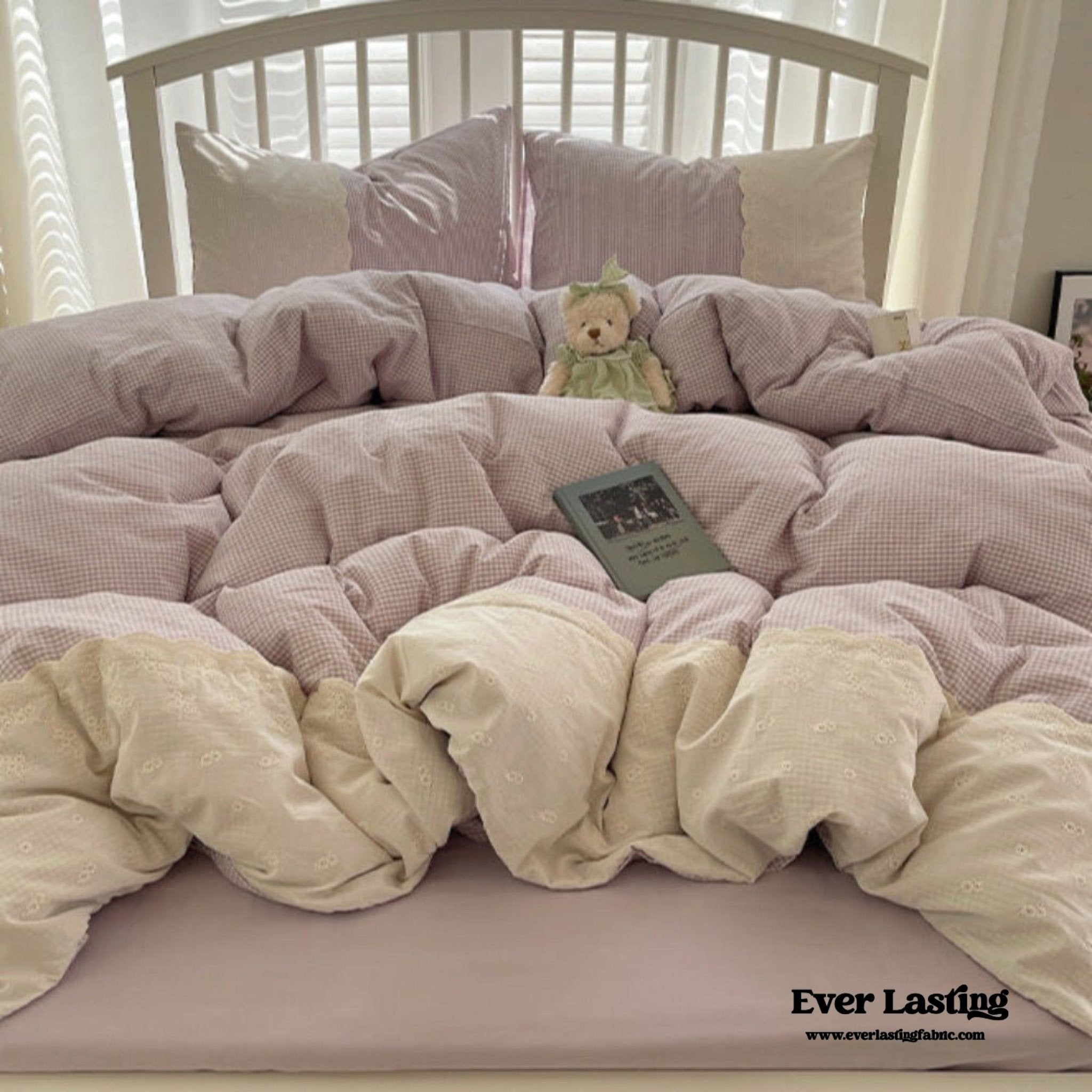 Sophia Gingham Lace Washed Cotton Bedding Set / Blue - Ever Lasting