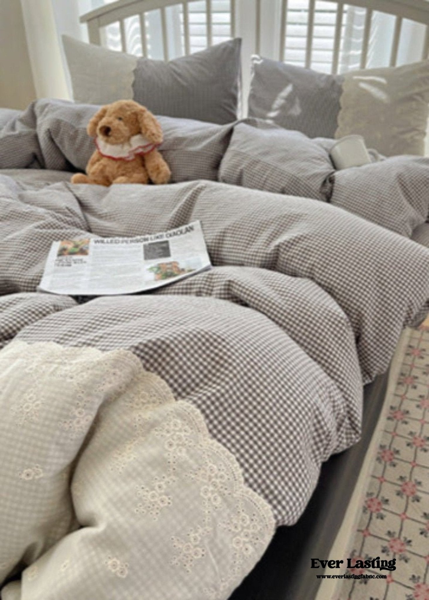 Sophia Gingham Lace Washed Cotton Bedding Set / Blue - Ever Lasting