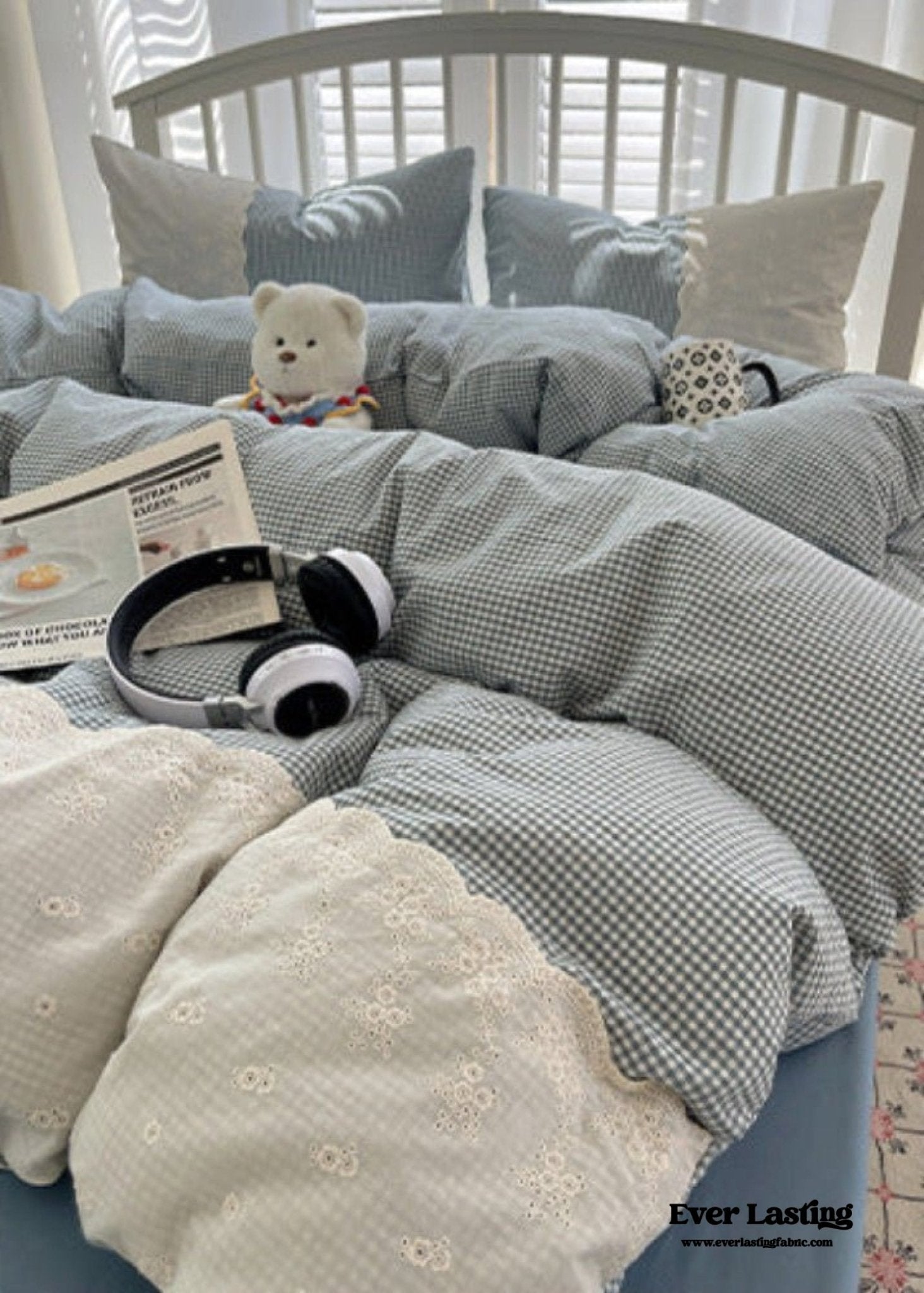 Sophia Gingham Lace Washed Cotton Bedding Set / Blue - Ever Lasting