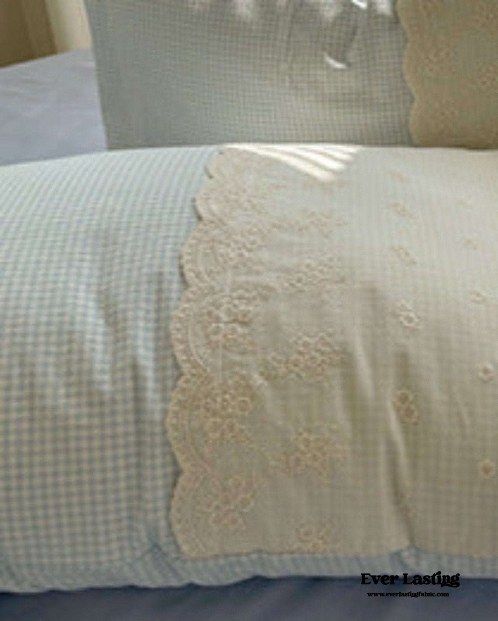 Sophia Gingham Lace Washed Cotton Bedding Set / Blue - Ever Lasting