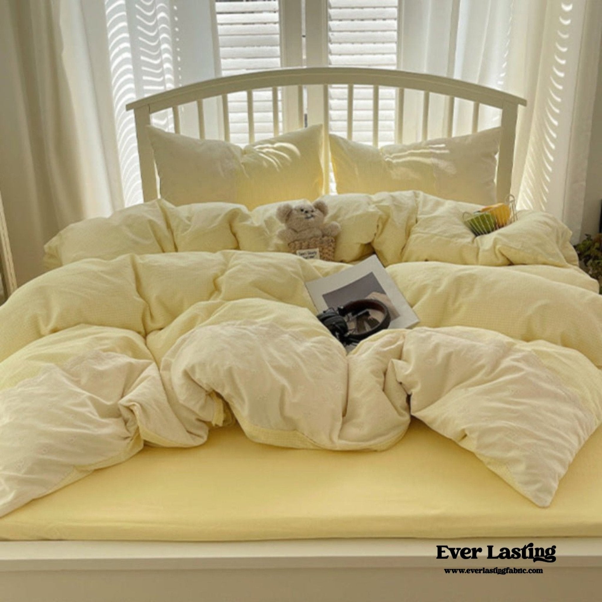 Sophia Gingham Lace Washed Cotton Bedding Set / Blue - Ever Lasting