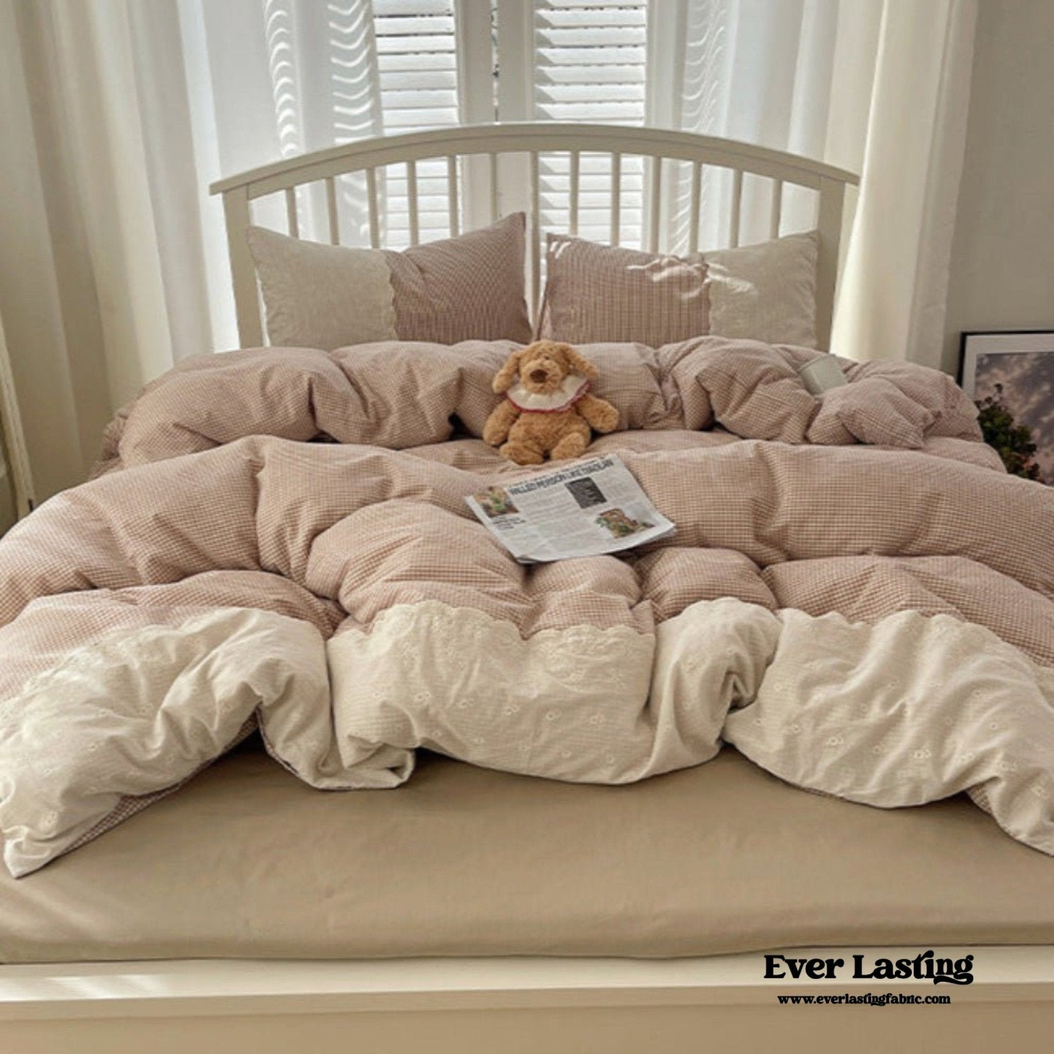 Sophia Gingham Lace Washed Cotton Bedding Set / Blue - Ever Lasting