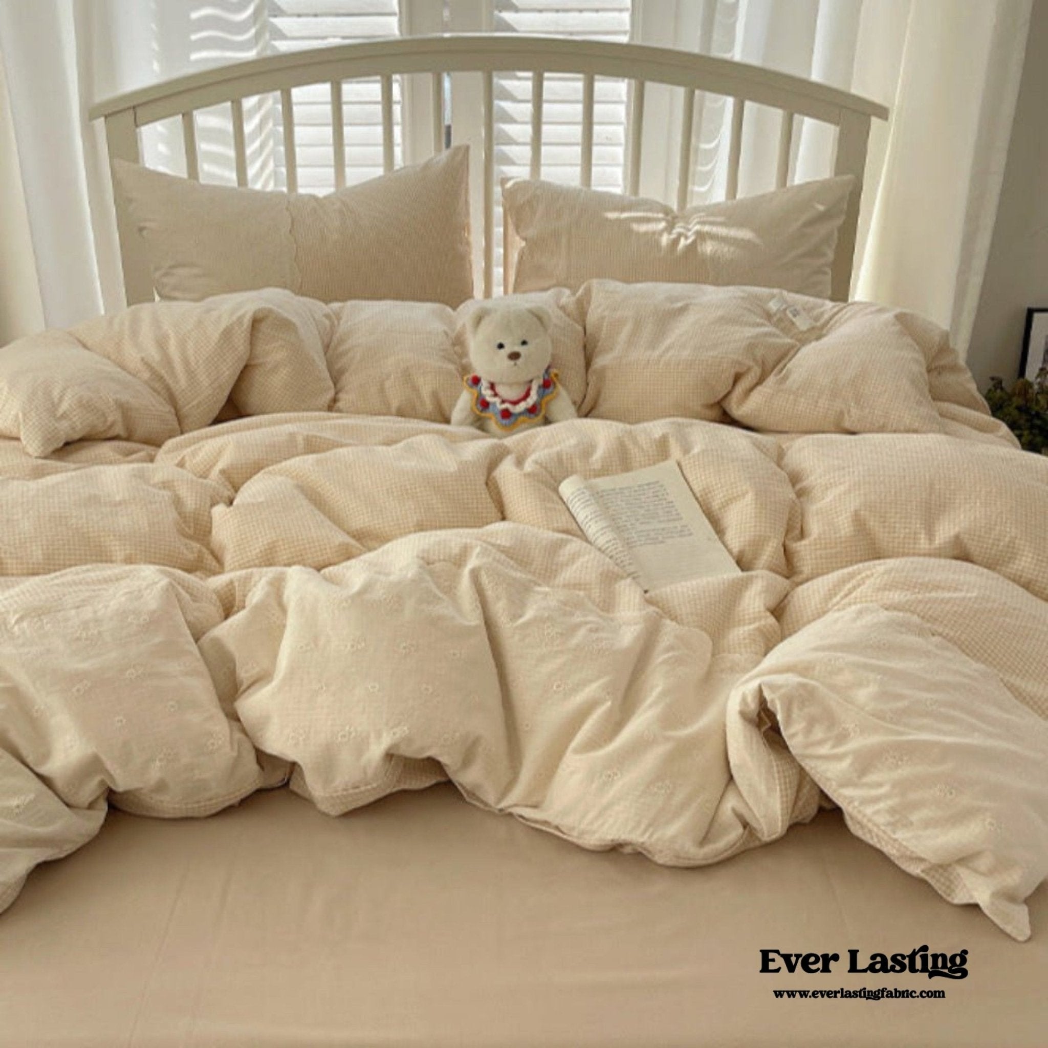 Sophia Gingham Lace Washed Cotton Bedding Set / Blue - Ever Lasting