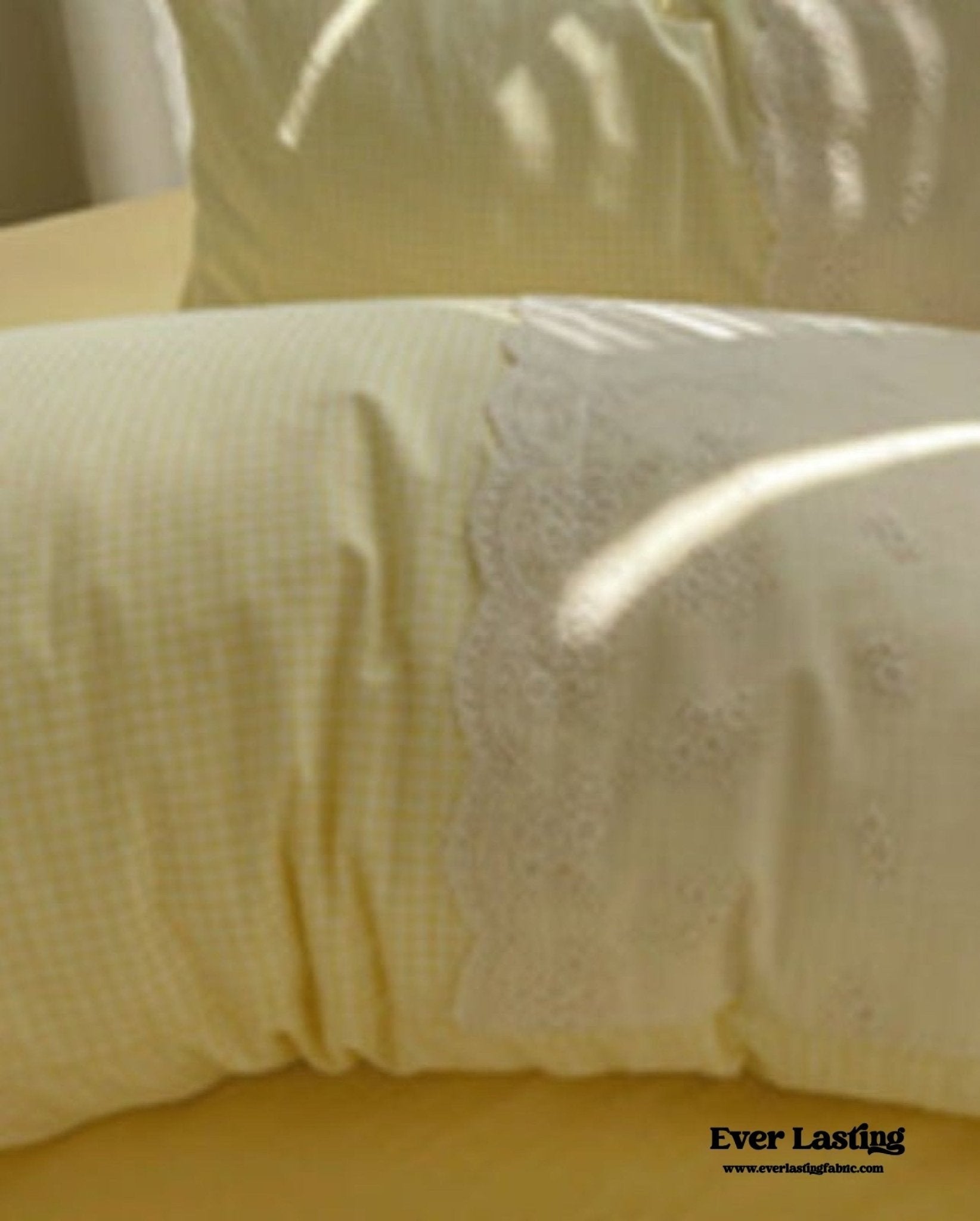 Sophia Gingham Lace Washed Cotton Bedding Set / Blue - Ever Lasting