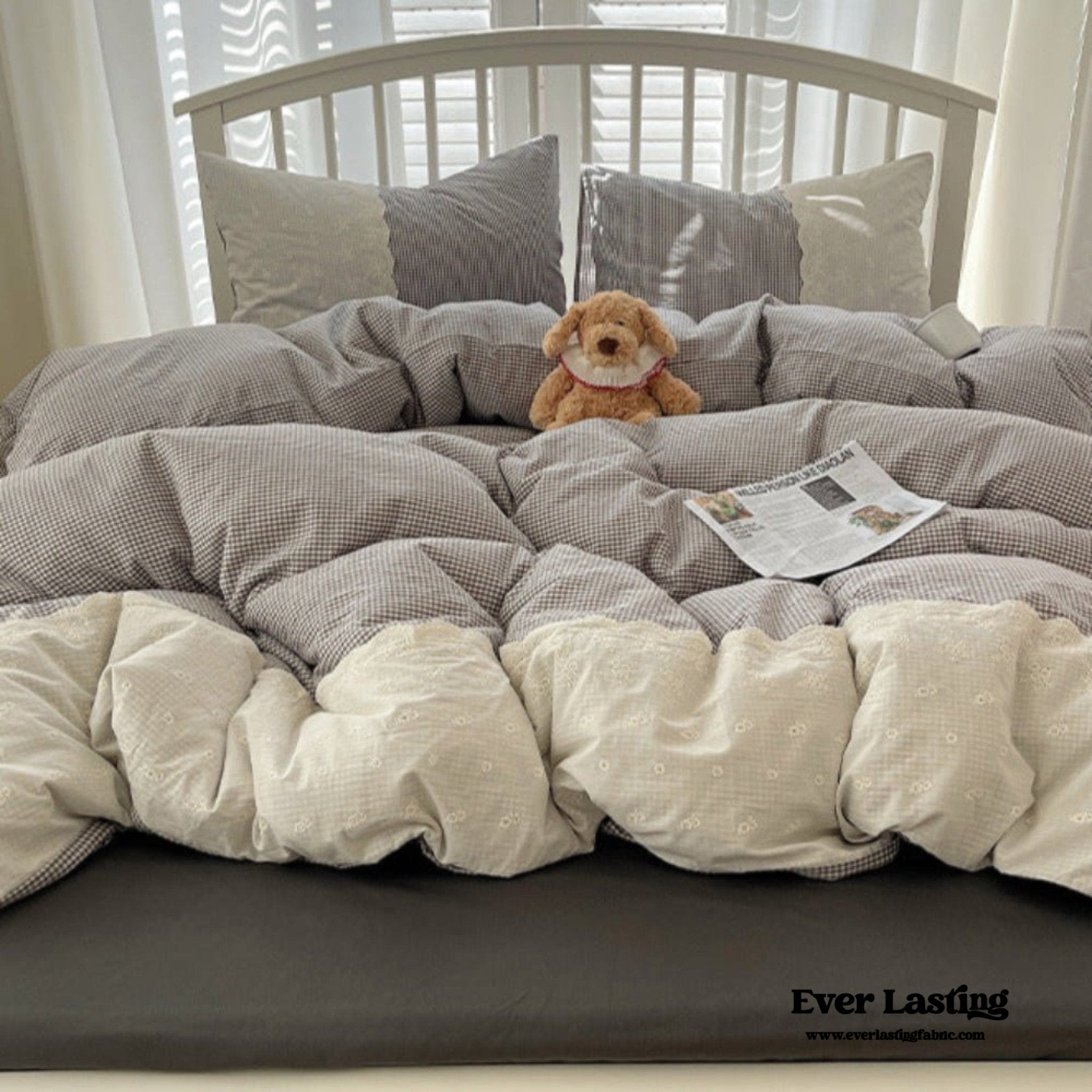 Sophia Gingham Lace Washed Cotton Bedding Set / Blue - Ever Lasting