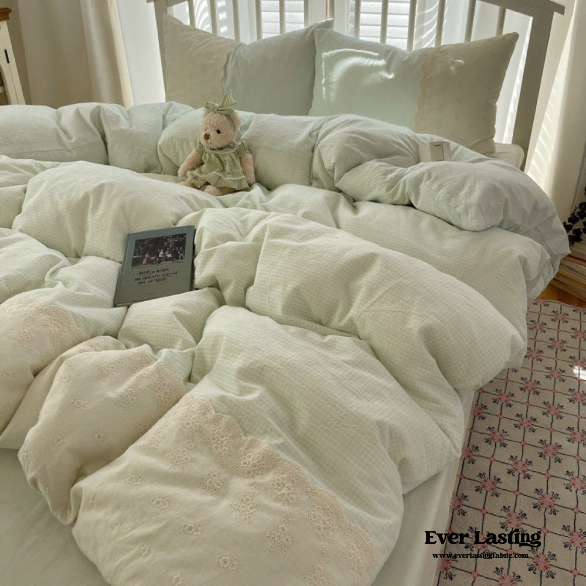 Sophia Gingham Lace Washed Cotton Bedding Set / Blue - Ever Lasting