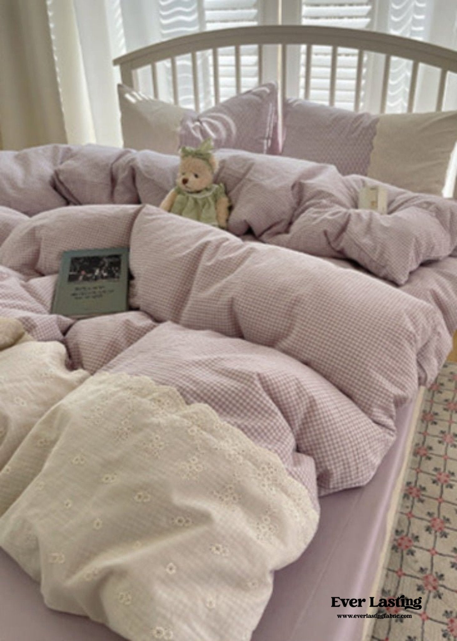 Sophia Gingham Lace Washed Cotton Bedding Set / Pink - Ever Lasting