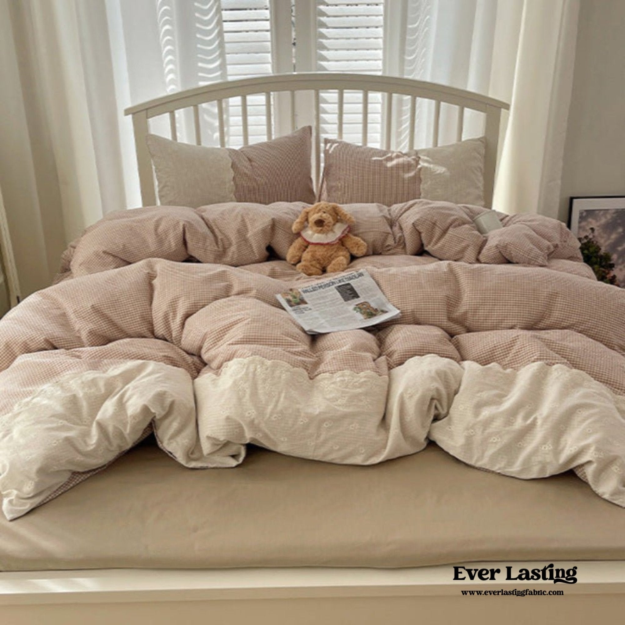 Sophia Gingham Lace Washed Cotton Bedding Set / Pink - Ever Lasting