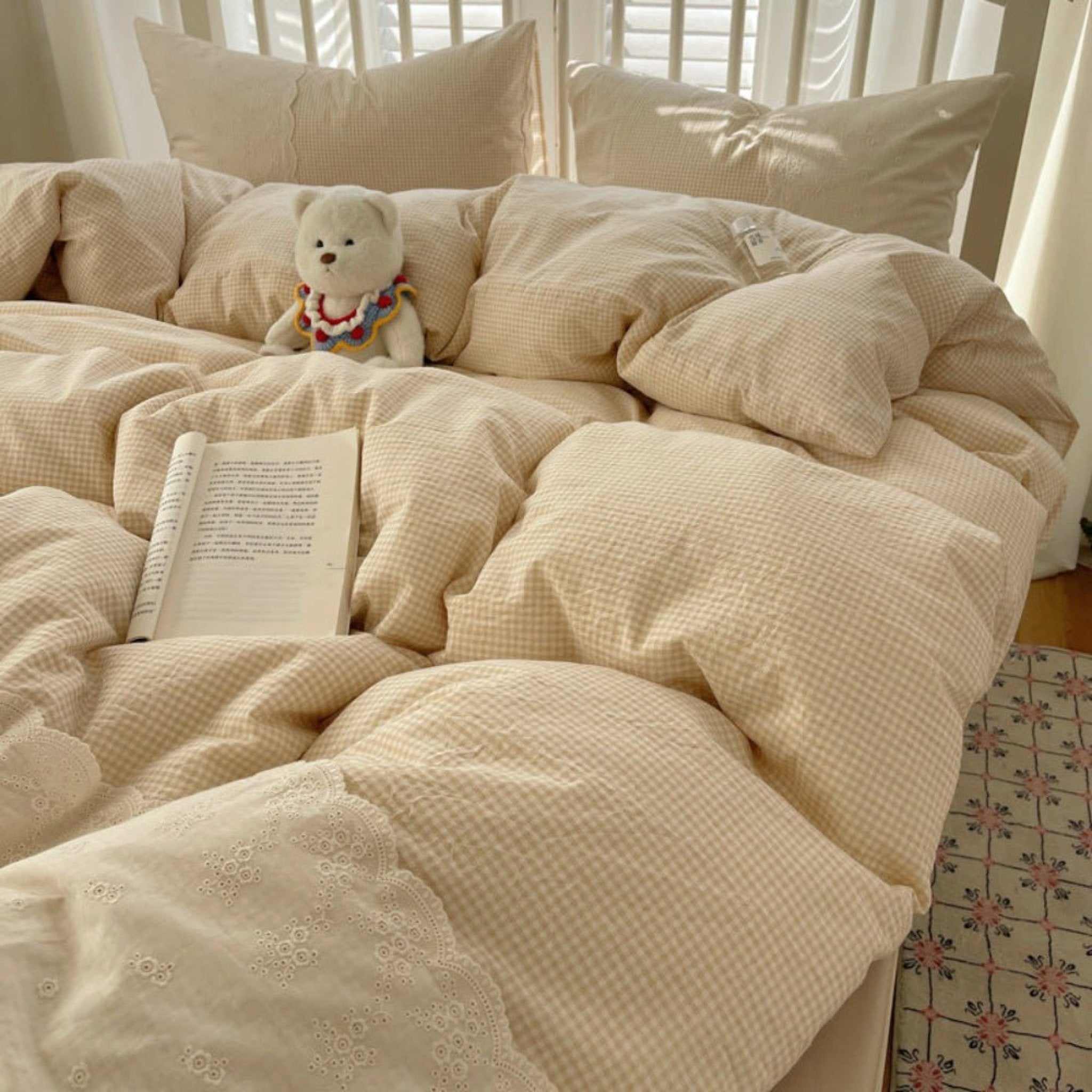 Sophia Gingham Lace Washed Cotton Bedding Set / Pink - Ever Lasting