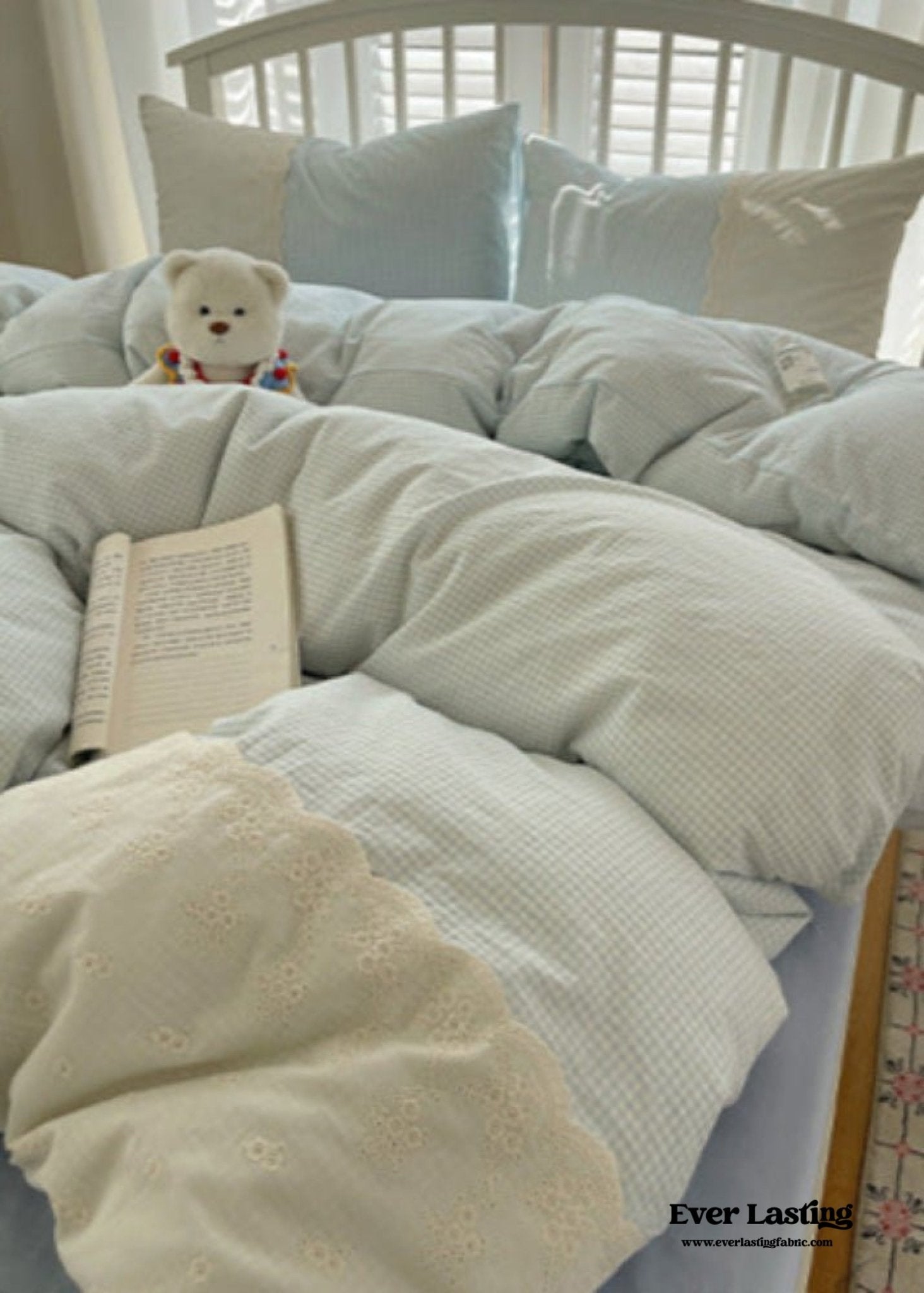 Sophia Gingham Lace Washed Cotton Bedding Set / Pink - Ever Lasting