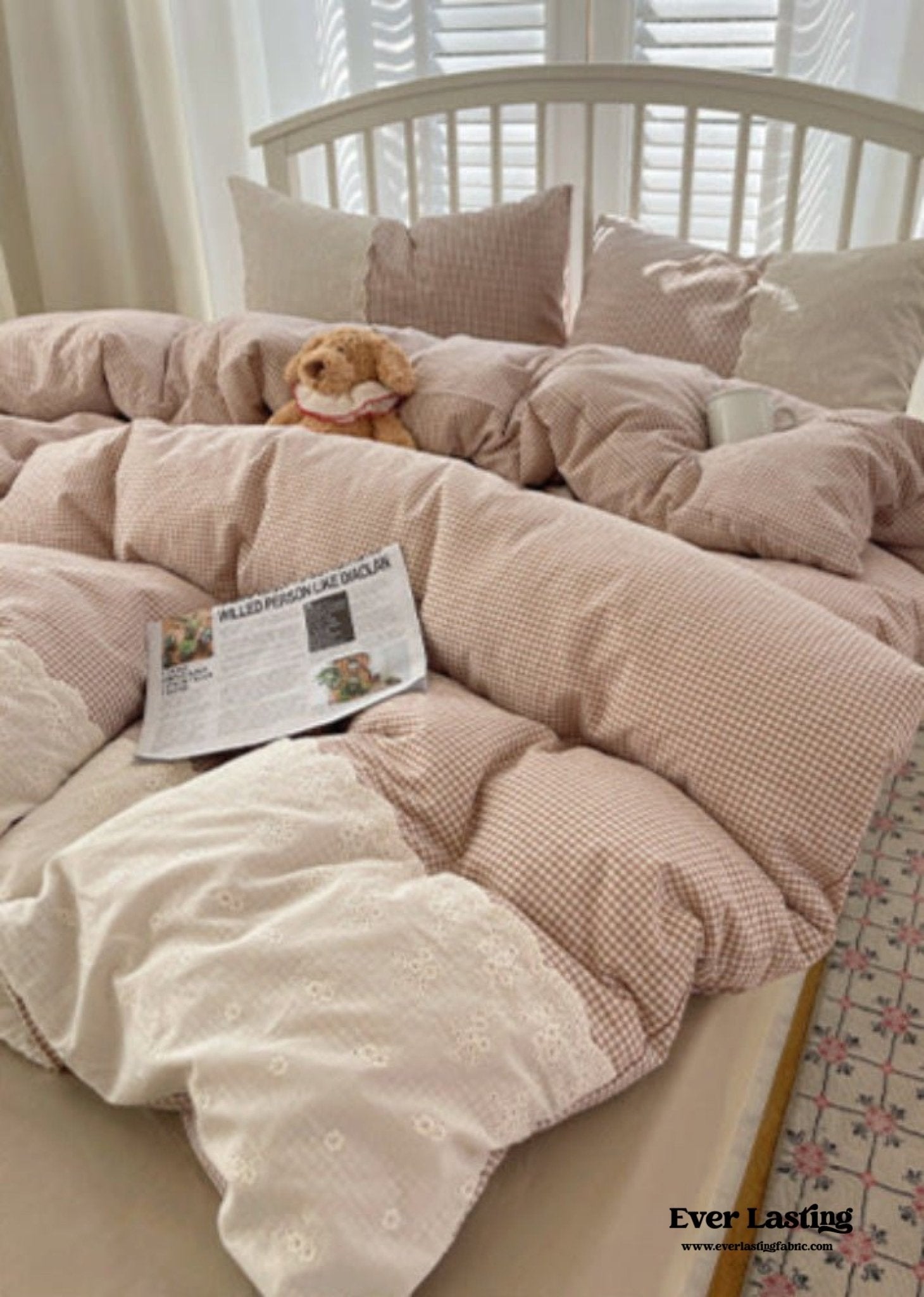 Sophia Gingham Lace Washed Cotton Bedding Set / Pink - Ever Lasting