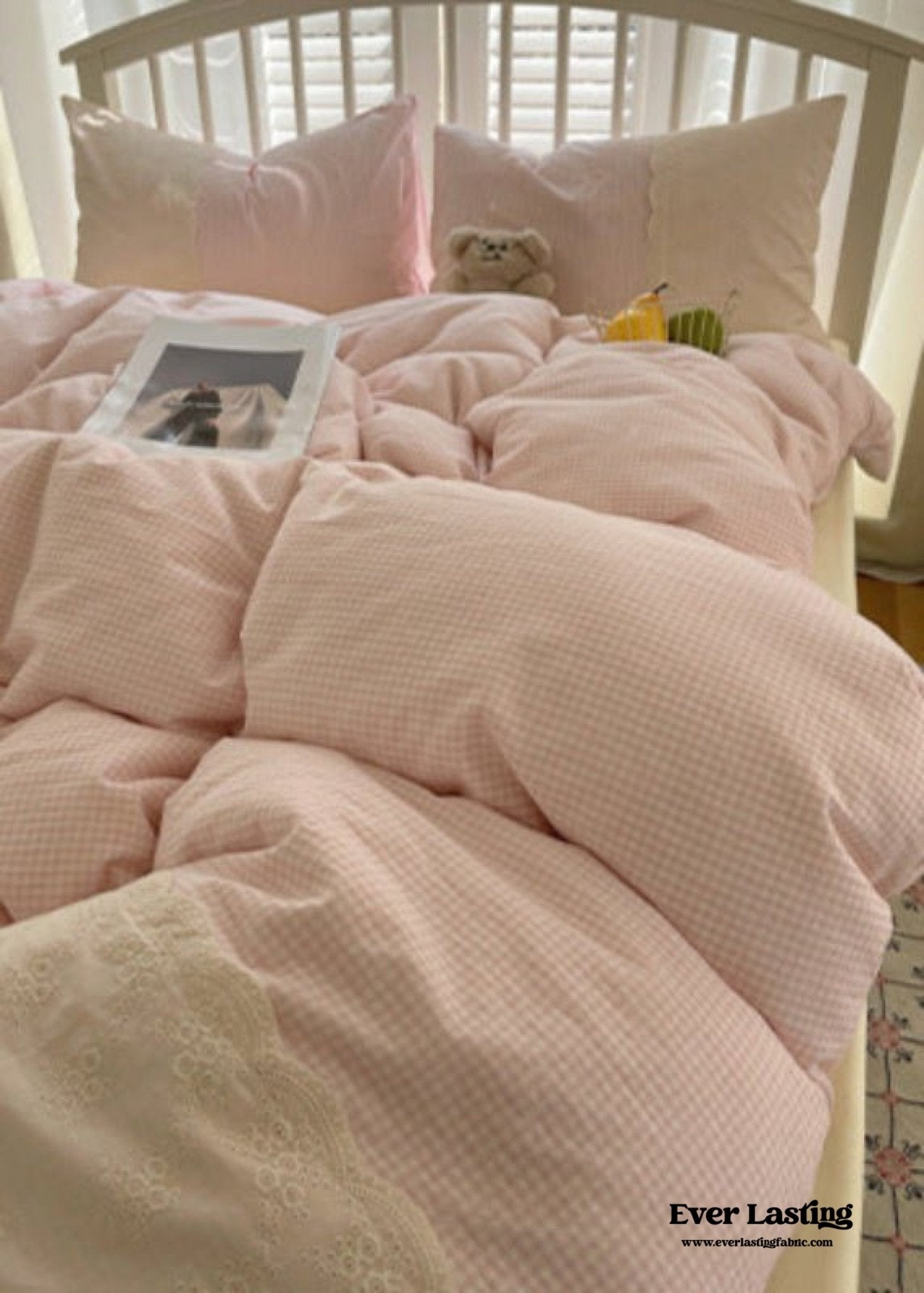 Sophia Gingham Lace Washed Cotton Bedding Set / Pink - Ever Lasting