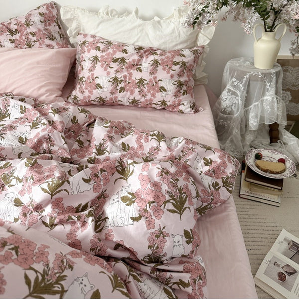 Spring Floral Washed Cotton Bedding Bundle Pink Kitty / Small Flat