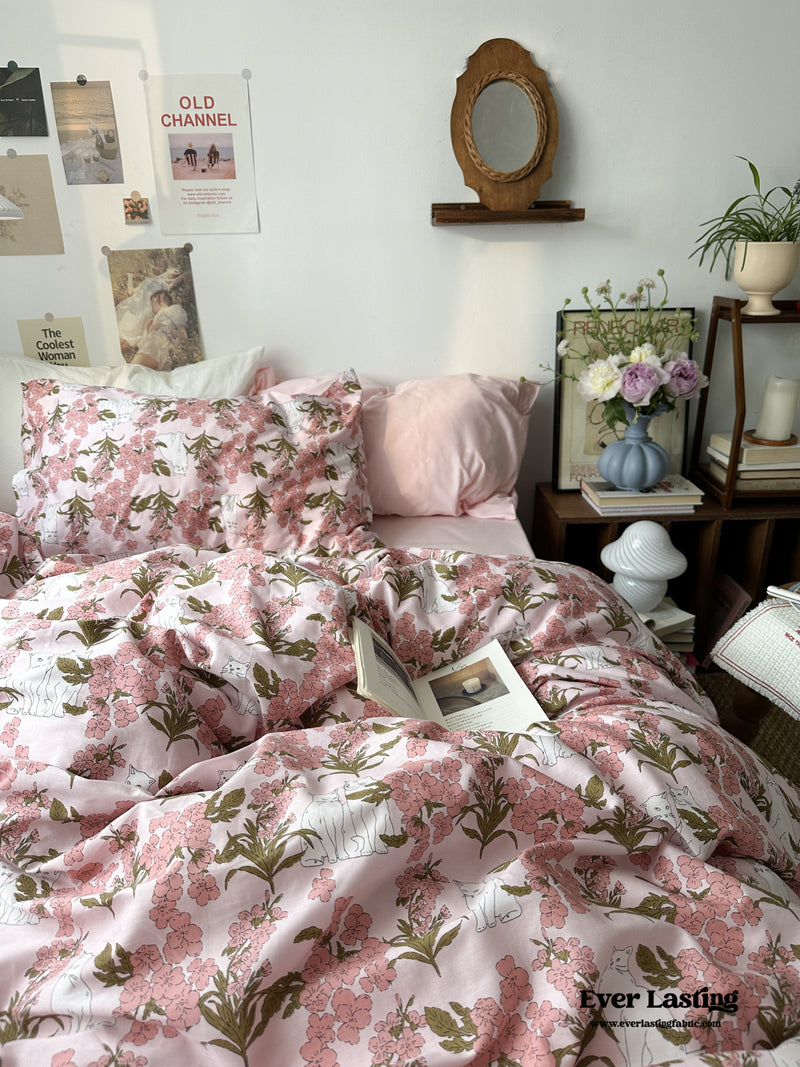Spring Floral Washed Cotton Bedding Set / Pink Kitty