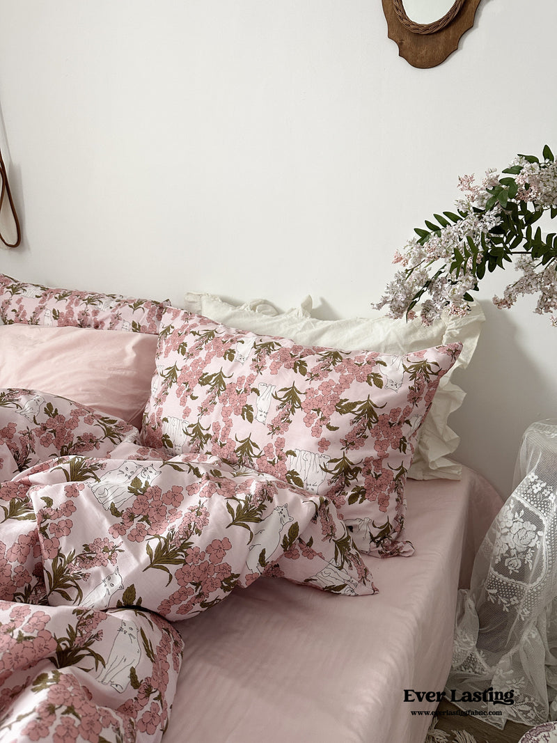 Spring Floral Washed Cotton Bedding Set / Pink Kitty