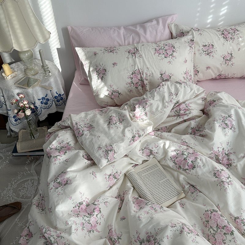Spring Floral Washed Cotton Bedding Set / Pink Kitty Garden Small Flat