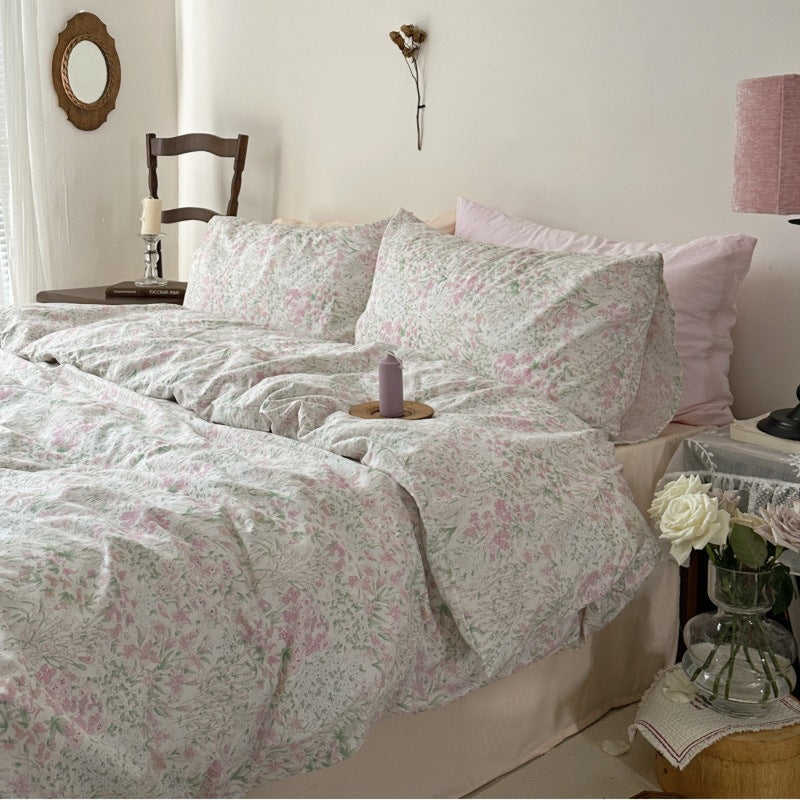 Spring Floral Washed Cotton Bedding Set / Pink Kitty Mixed Small Flat
